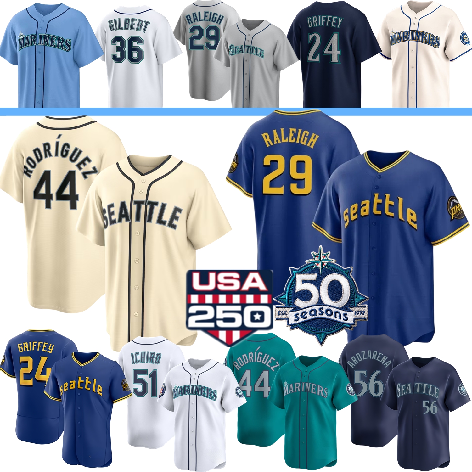 Mariners Baseball Jersey Julio Rodriguez Cal Raleigh Ken Griffey Randy Arozarena Emerson Logan Gilbert Castillo Kirby Young Munoz Montes Anderson Donovan Custom