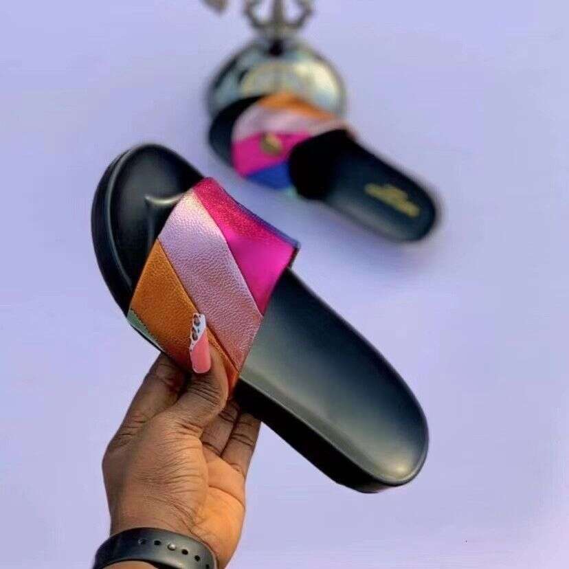 Women Summer Slipper Flat Sandals Fashion Casual Beach kurt Sliders kurk Sandale Open curt Toe Luxury Rhinestone Rainbow kutt Slipper Casual Shoes Orange Black 654