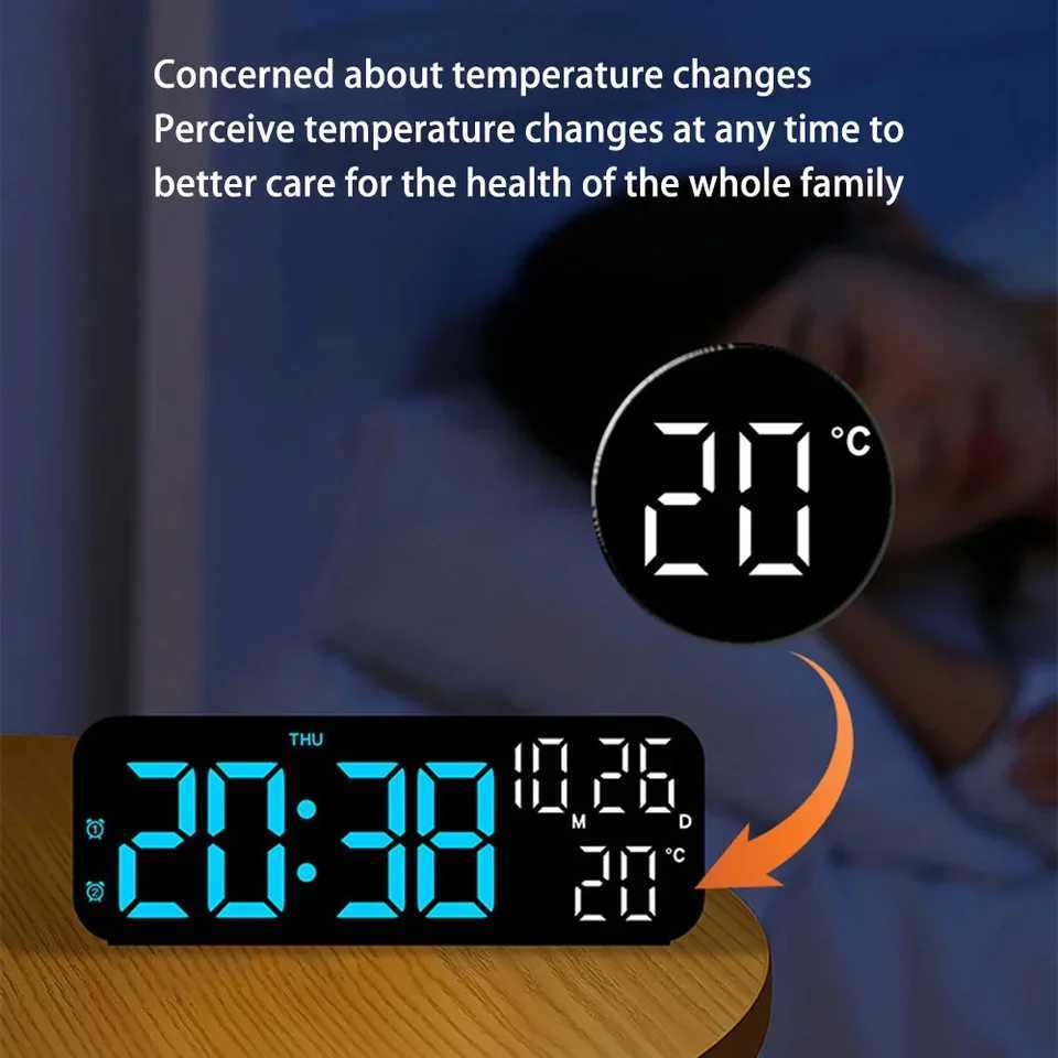 1pc Digital Wall Clock LED Alarm Clocks 12/24H Electronic Temperature Date Week Display Home Decorative Wall Clock Night Light D260318