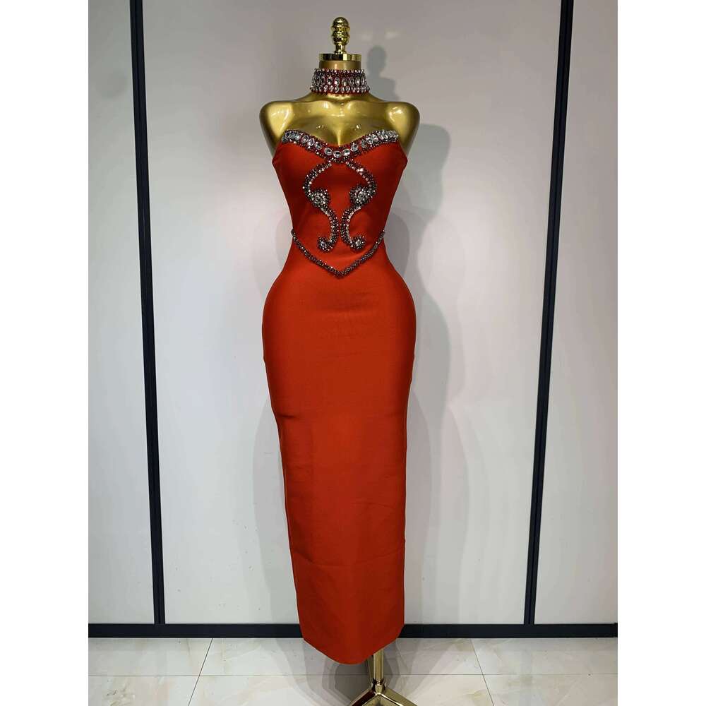 High Quality Strapless Beading With Necklace Bandage Dress Celebrity Elegant Evening Party Fancy Club Birthday Dresses Gowns Dress Elegant