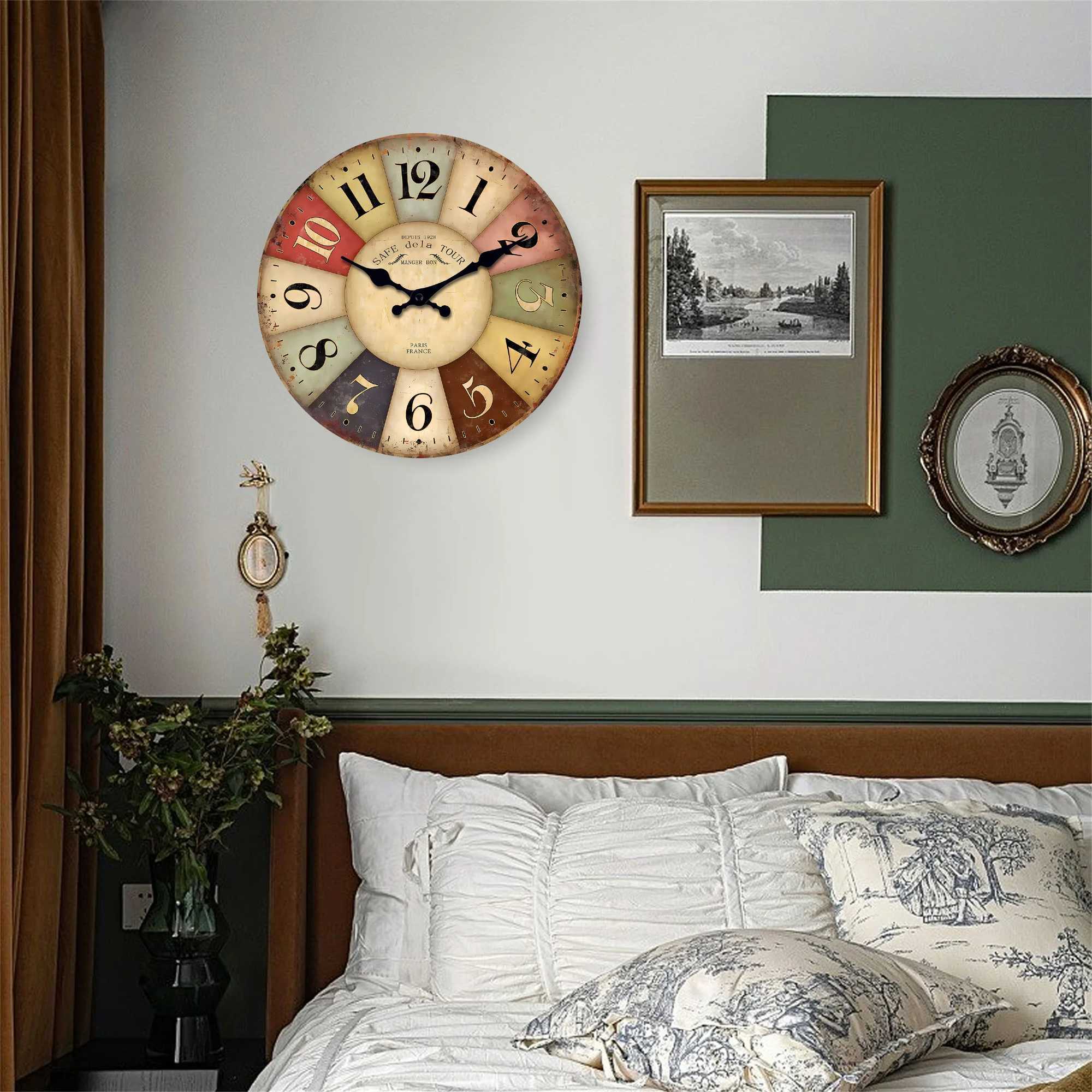 A country retro style colorful square wooden clock wall silent clock home living room kitchen decoration holiday gifts D260318