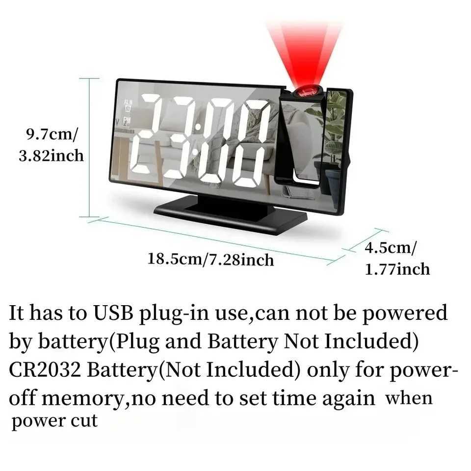 USB Powered Digital Alarm Clock 180 Arm Projection Alarm Clock Time Temperature Snooze Table Clock 12/24H Projector LED Clock D260318