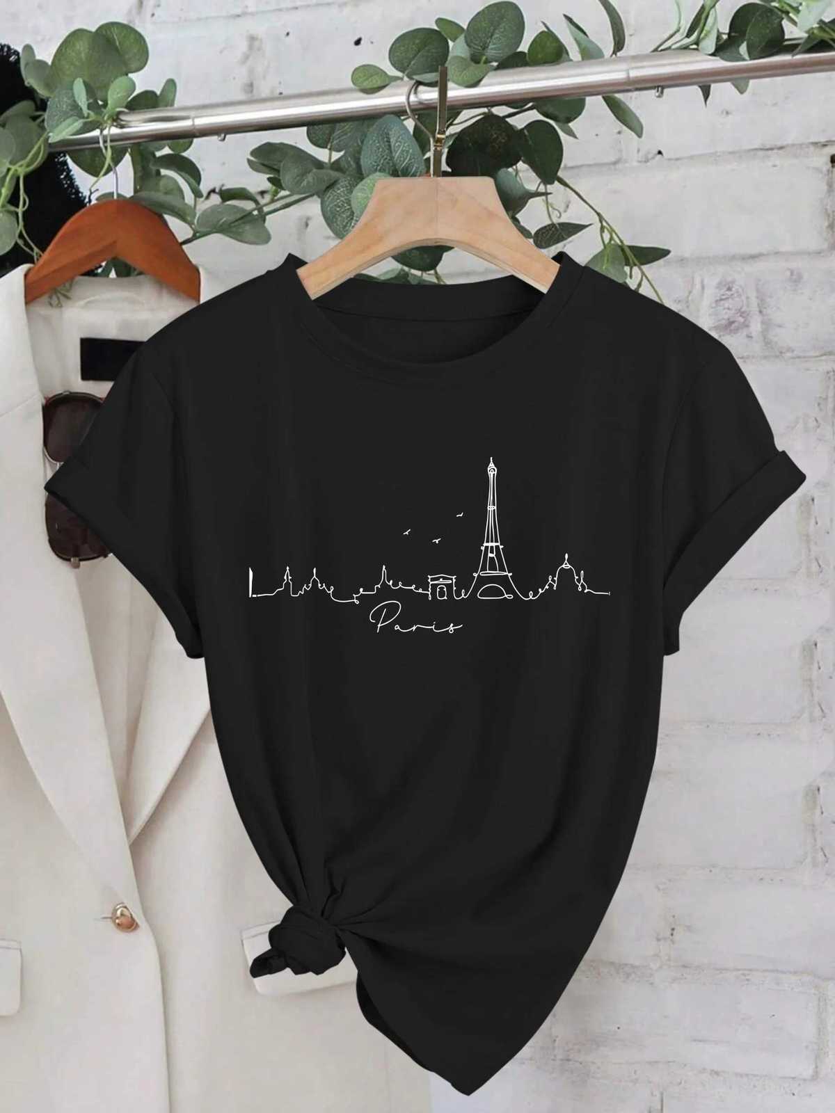 Chic Paris-Inspired Womens T-Shirt - Casual Short Sleeve Crew Neck Breathable Polyester - Perfect for Spring SummerT260317