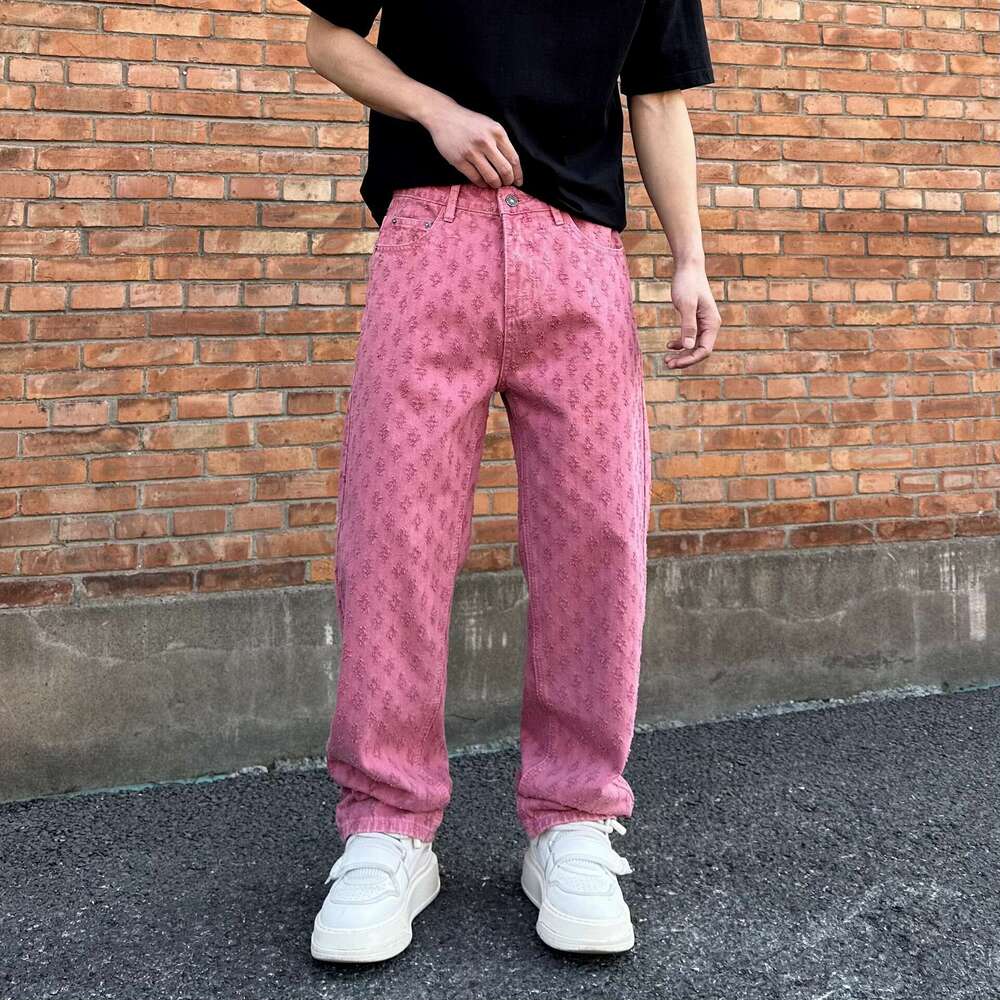 American-Style Jacquard Full-Print Jeans For Men, Summer Trendy Brand, Loose Straight-Leg Washed Casual Pants, Men's Thin Clothing