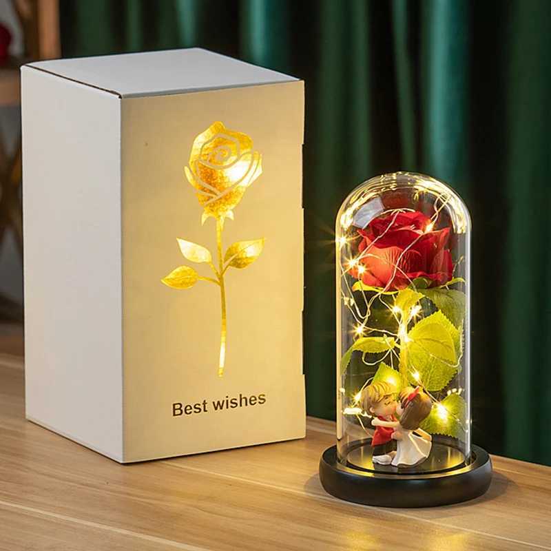 Artificial Rose Flowers Eternal Rose LED Light Foil Flower in Glass Cover Simulation Rose Flower Valentines Mothers Day Gifts H260318
