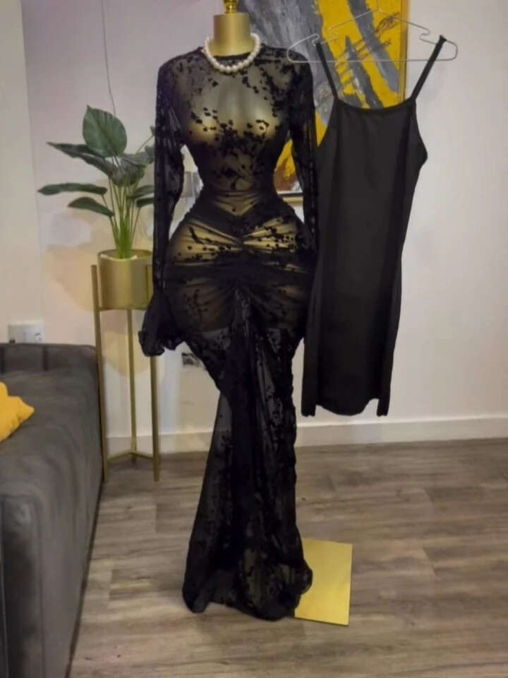 Fall Women Sleeve Stacked Mesh See Though With Bodycon Long Dress Evening Birthday Sexy Party Dresses Gowns Elegant