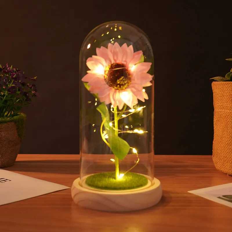 Sunflowers Artificial Flowers in Plastic Dome with LED Strip Birthday Gifts for Mom Grandma Sunflower Decor on Mothers Day H260318