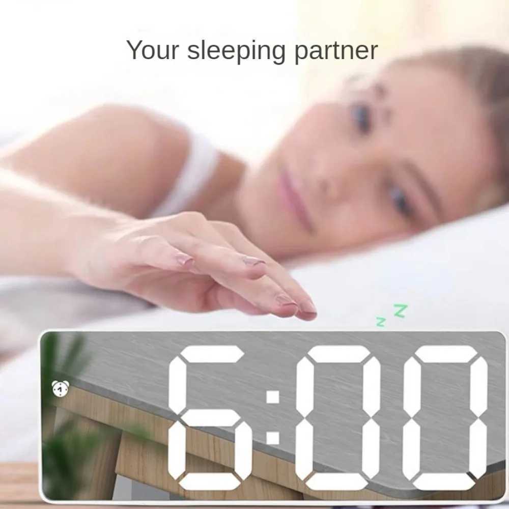 Smart Alarm Clock Bedside Table Led Alarm Clock Digital Childrens Electronic Alarm Clock Curved Screen Mirror Temperature D260318
