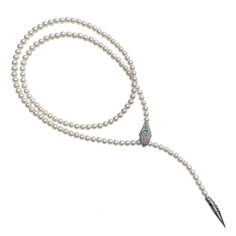 Women Gray Pearl Multi-Strand Long Sweater Chain Snake Motif Multi-Wear Statement Necklace Autumn Winter Layering