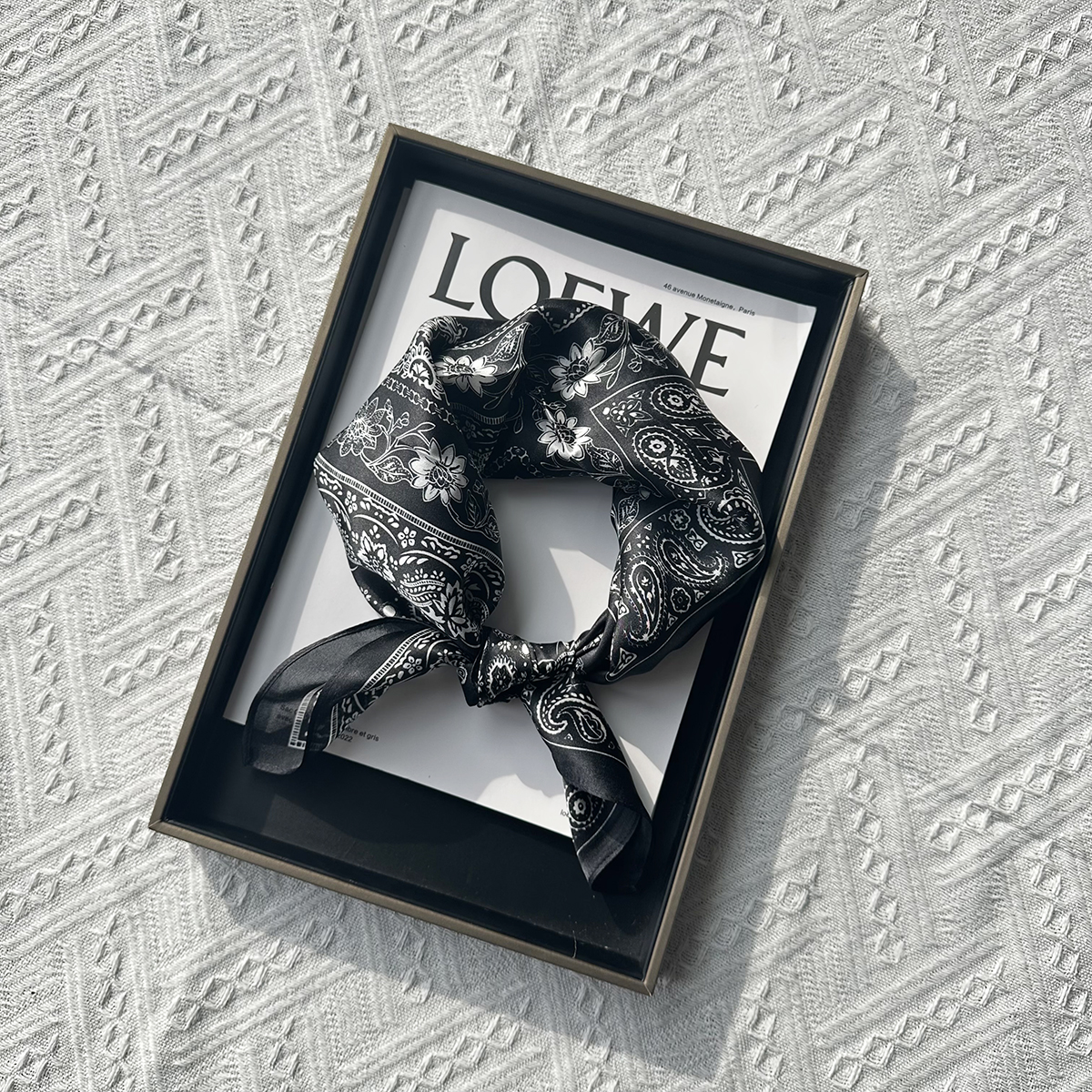 Black fashion silk scarf for women in spring. New style silk square scarf for neck protection and small headband.