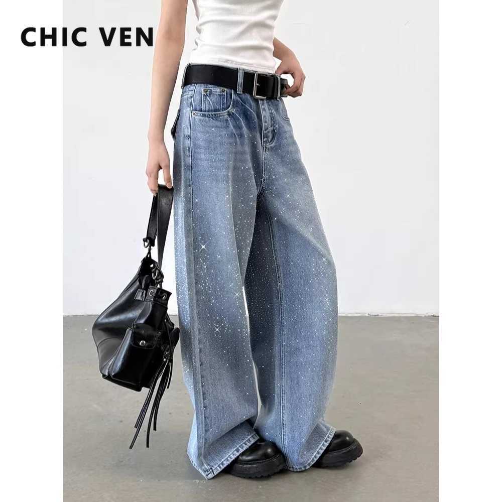 CHIC VEN Fashion Women Jeans Blue Loose New Design Hotfix Rhinestone Female Straight Leg Denim Pants Spring Autumn 2026T260317
