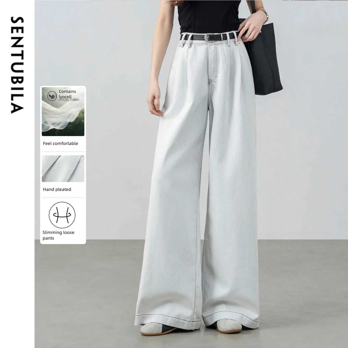 SENTUBILA Womens Jeans 2026 Spring New Lyocell High Waist Wide Leg Womens Denim Pants Simple Office Lady Bottoms W61NA6041T260317