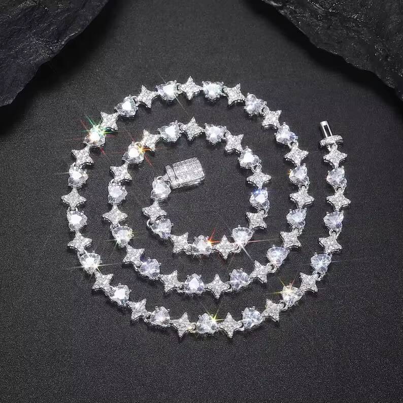 Beautiful Iced Out Heart Cut Star Tennis Chain Moissanite Diamond Necklace Hip Hop Jewelry Customized Jewelry Best Gift for Men