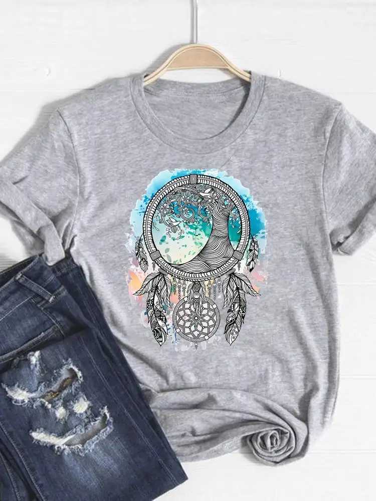 Print T Shirt Short Sleeve Summer Top Fashion Clothes Women Watercolor Sweet Trend Clothing Gray Basic Tee Graphic T-shirtT260317