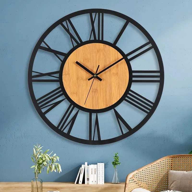 3D Large Wall Clocks Nordic Roman Numerals Retro Round Wood Metal Iron Accurate Silent Hanging Ornament Living Room Decoration D260318