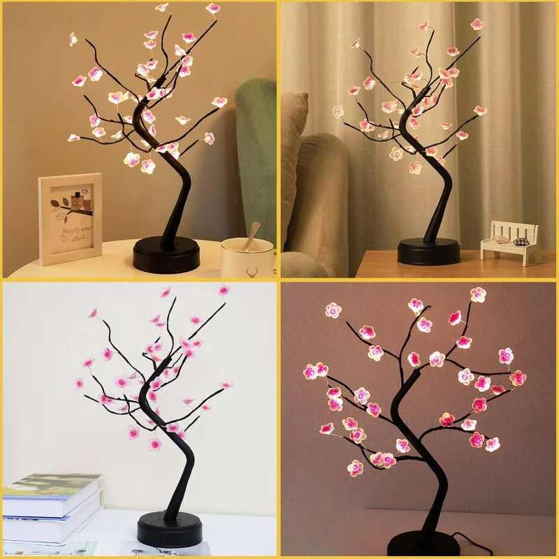 Table Tree Night Light USB/Battery Powered Touch Switch Artificial Bonsai Cherry Blossom Desktop Tree LED Lamp Light Decoration H260318