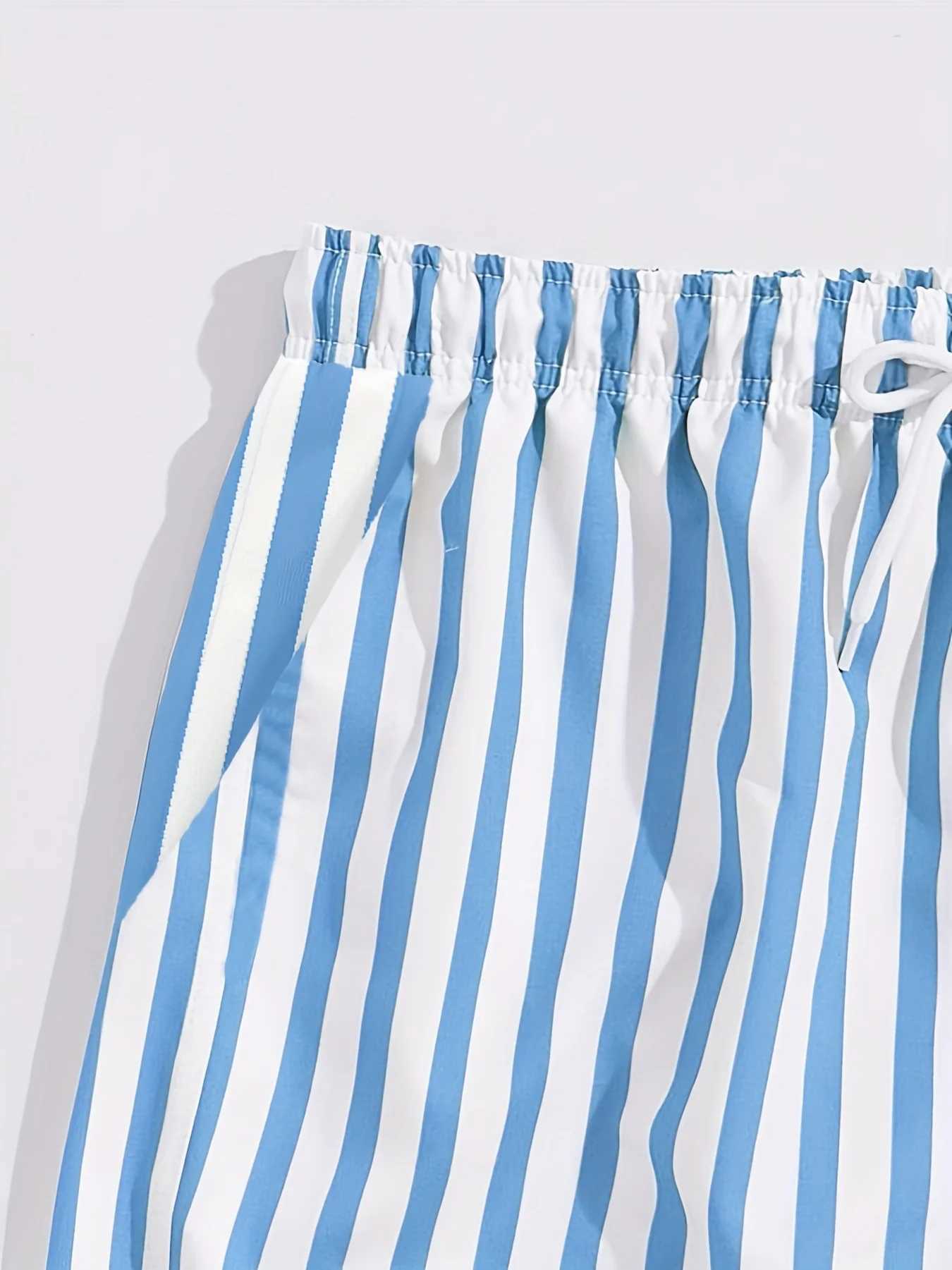 Mens Light Blue White Striped Swim Shorts with Elastic Drawstring Waist Breathable Quick-Dry Summer Outdoor Activities M260318