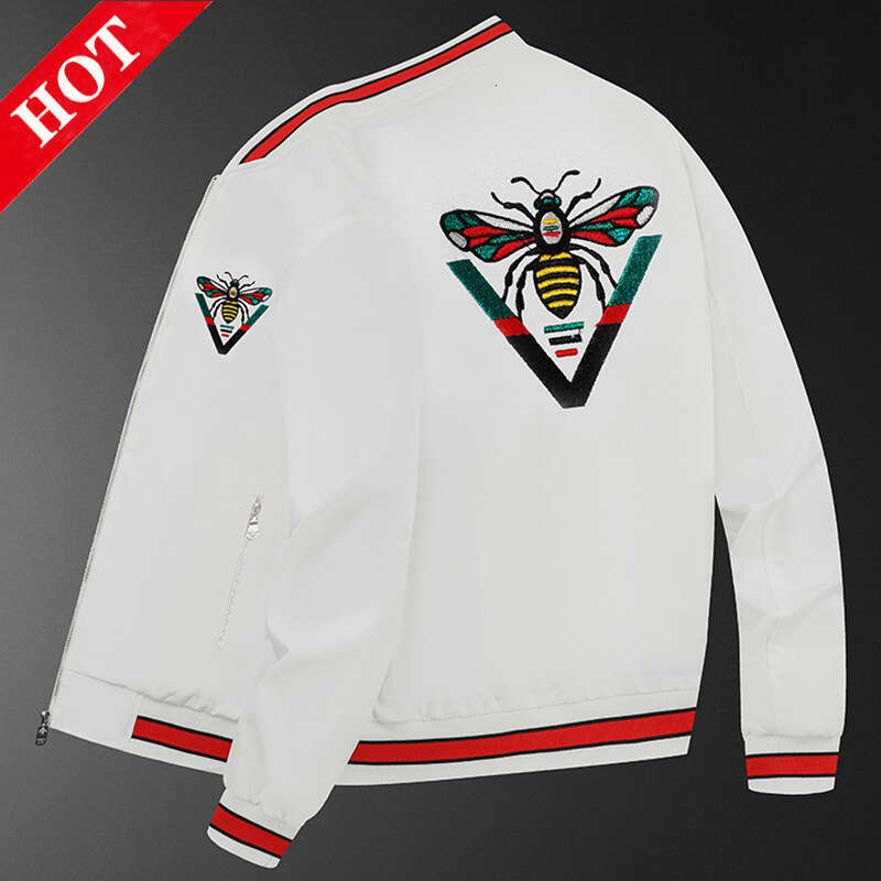 White Little Bee Embroidered Men's New European Fashion High-End Casual Baseball Jacket
