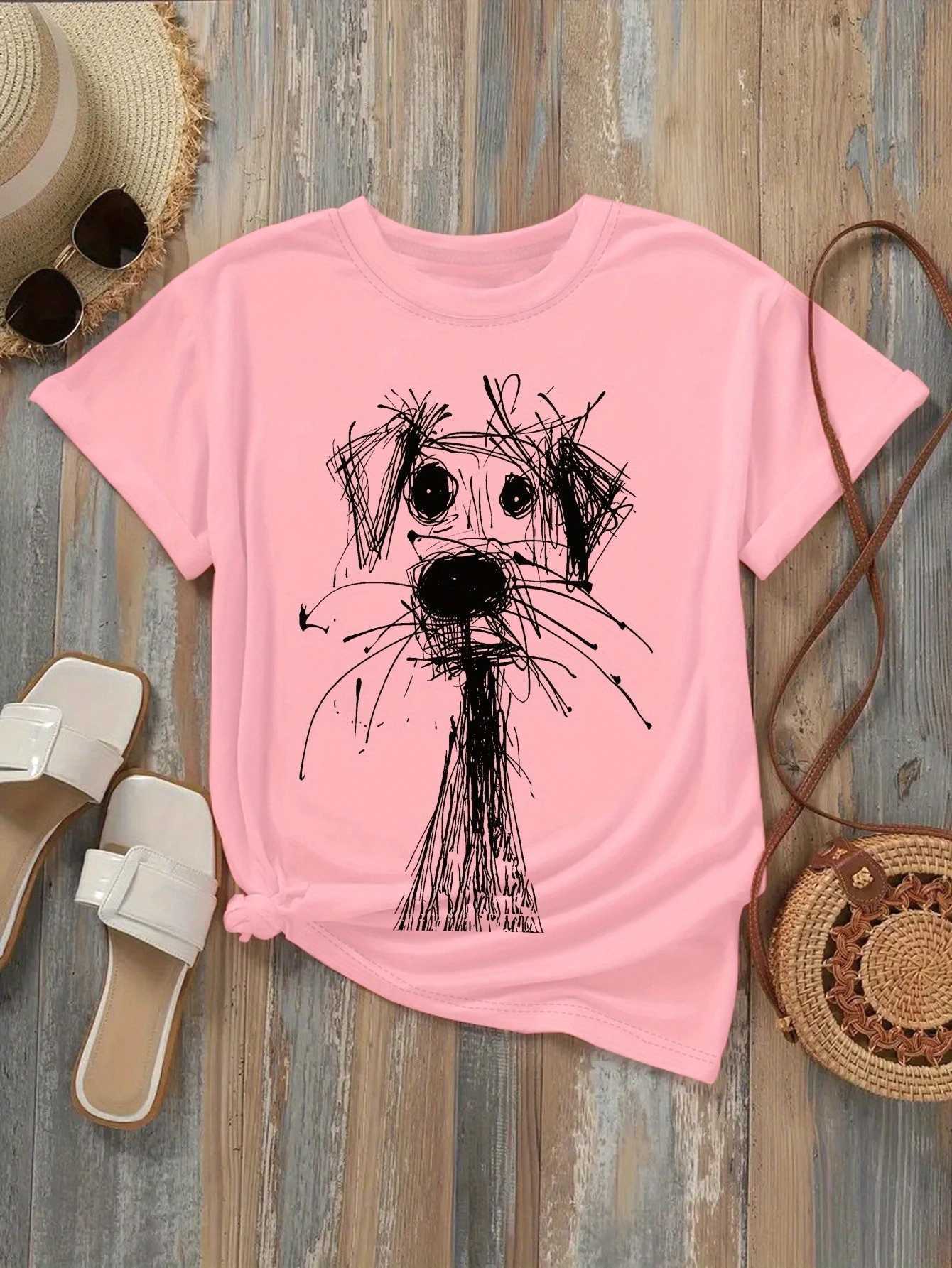 Womens Fashion Printed T-Shirt with Fun Dog Sketch Design Soft Round Neck Short Sleeve Casual Style for Daily Summer ClothingT260317