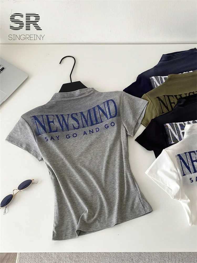 SINGREINY American Retro Basics T-Shirt 2025 Stand Collar Short Sleeves Soft Bottoming Shirt Fashion Hot Girl Letter Print TopT260317