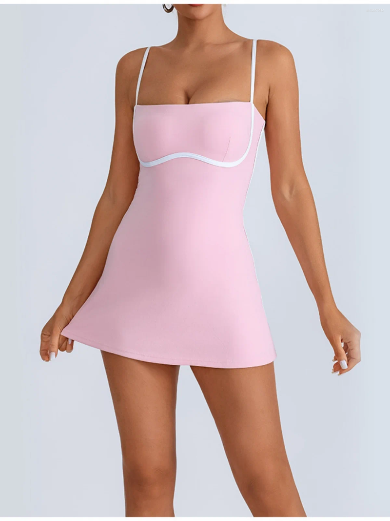 Yoga Casual Dresses Women's Tennis Dress Summer Sleeveless Pink Contrast Workout Yoga Build In Shorts Fashion Tight Fitting Skirts Suit