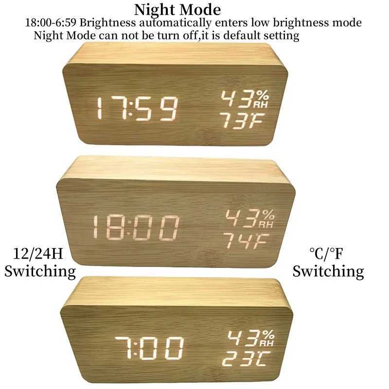 Voice Control Wood Digital Alarm Clock TEMP Humidity Date Night Mode Table Clock 3 Alarms Power Outage Memory 12/24H LED Clock D260318