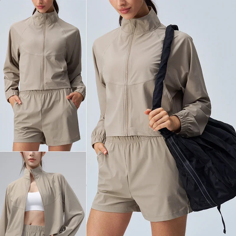 Womens Athletic Workout Running Track Full Zip Cropped Jackets UPF 50 Sun Protection Long Sleeve Shirts Yoga Gym Top 260318