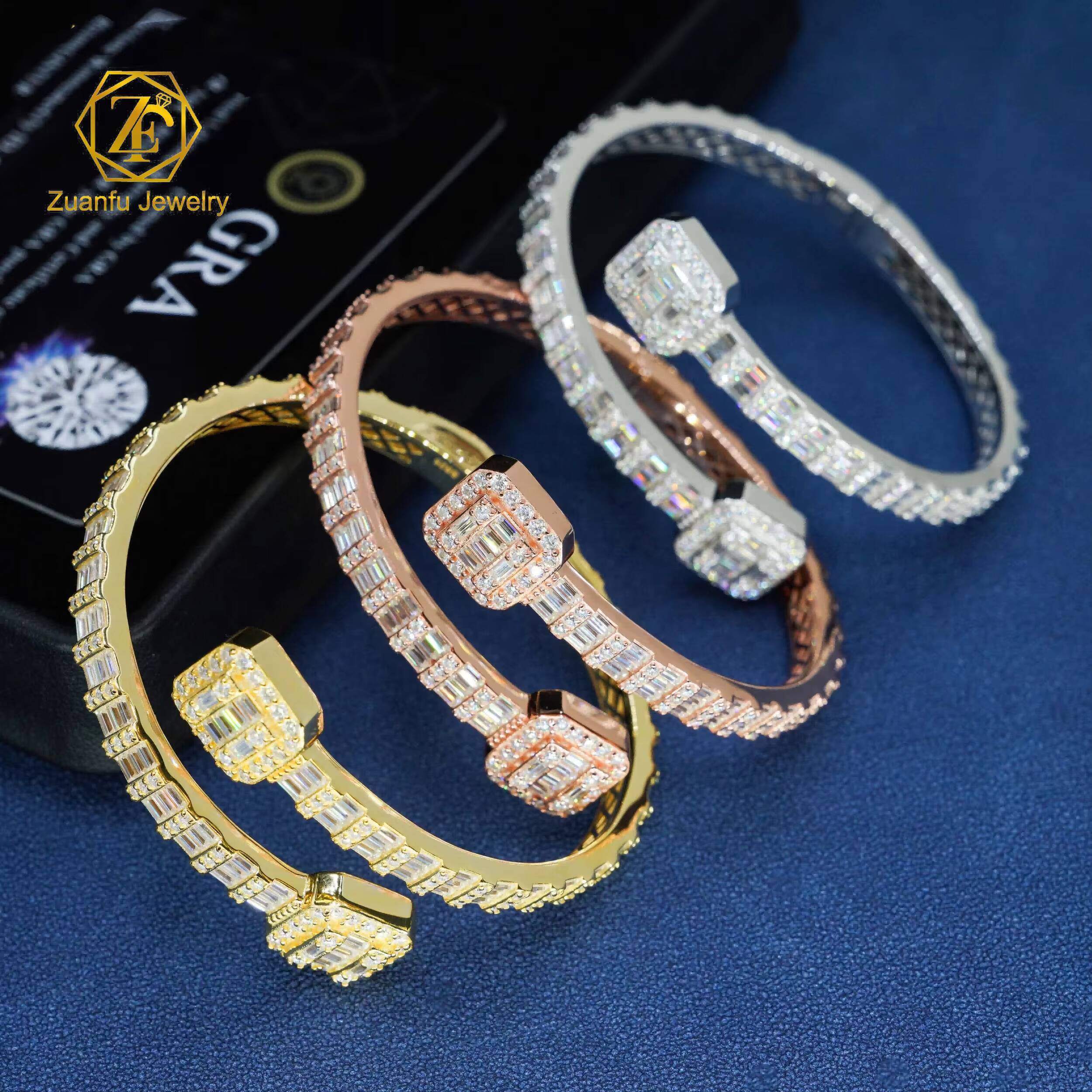 Fine Jewelry Sterling Silver 925 Fashion Iced Out VVS Baguette Moissanite Cuban Link Diamond Bracelet Bangles