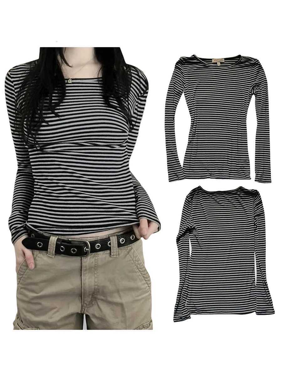 Long Sleeve Shirts for Women Fashion Casual Basic Crew Neck Striped Slim Fit T-shirt Going Out Blouses Y2K Vintage Tight ShirtsT260317