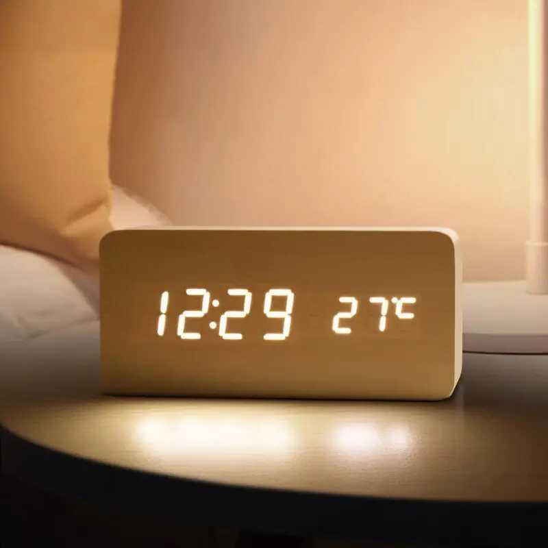 Retro Wooden Digital Alarm Clock with LED Display Temperature Sensor Silent Night Light for Office/Bedroom/Living Room D260318