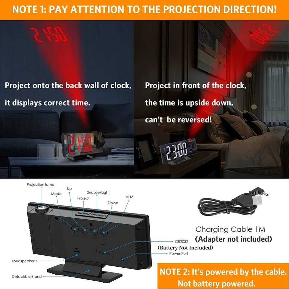 USB Powered Digital Alarm Clock 180 Arm Projection Alarm Clock Time Temperature Snooze Table Clock 12/24H Projector LED Clock D260318