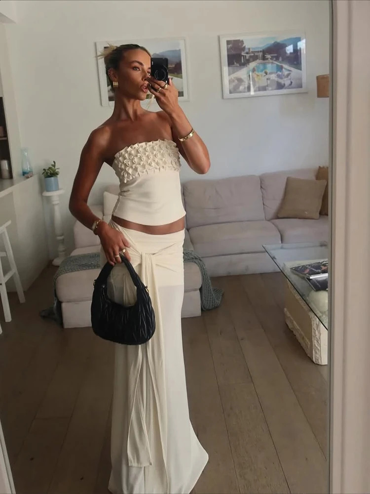 Sexy Strapless Pleated Long Skirt Set Women Chic Solid Off Shoulder Cropped Top Loose Skirts Suit Lady Vacation Beach Wear 260313