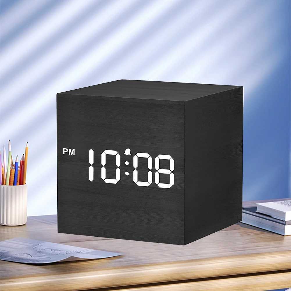 Wooden Digital Alarm Clock with Temperature LED Bedside Clock USB/Battery Powered LED Clock Art Ornament for Office Room Decor D260318