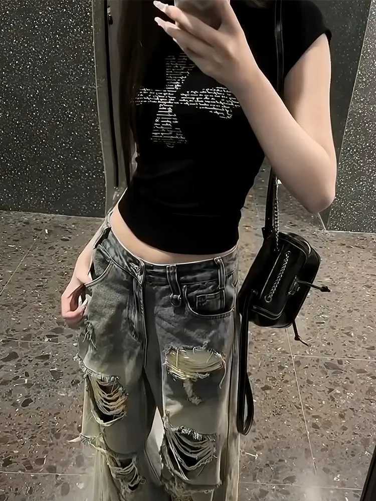 Seeslim Black Cross Graphic T Shirts Korean Style Womens Clothing Summer Tops Short Sleeve 2000s Clothes Y2k Print Tees FemaleT260317