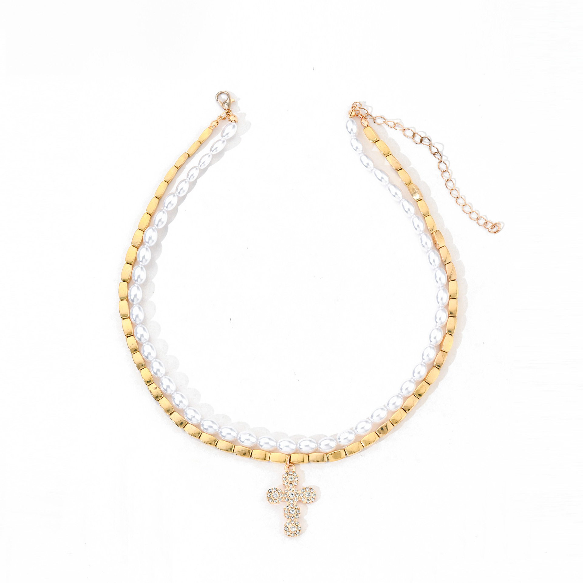 Baroque Imitation Pearl Necklace for Women, Niche Light Luxury High-End Sense, Inlaid Diamond Cross Pendant Clavicle Chain