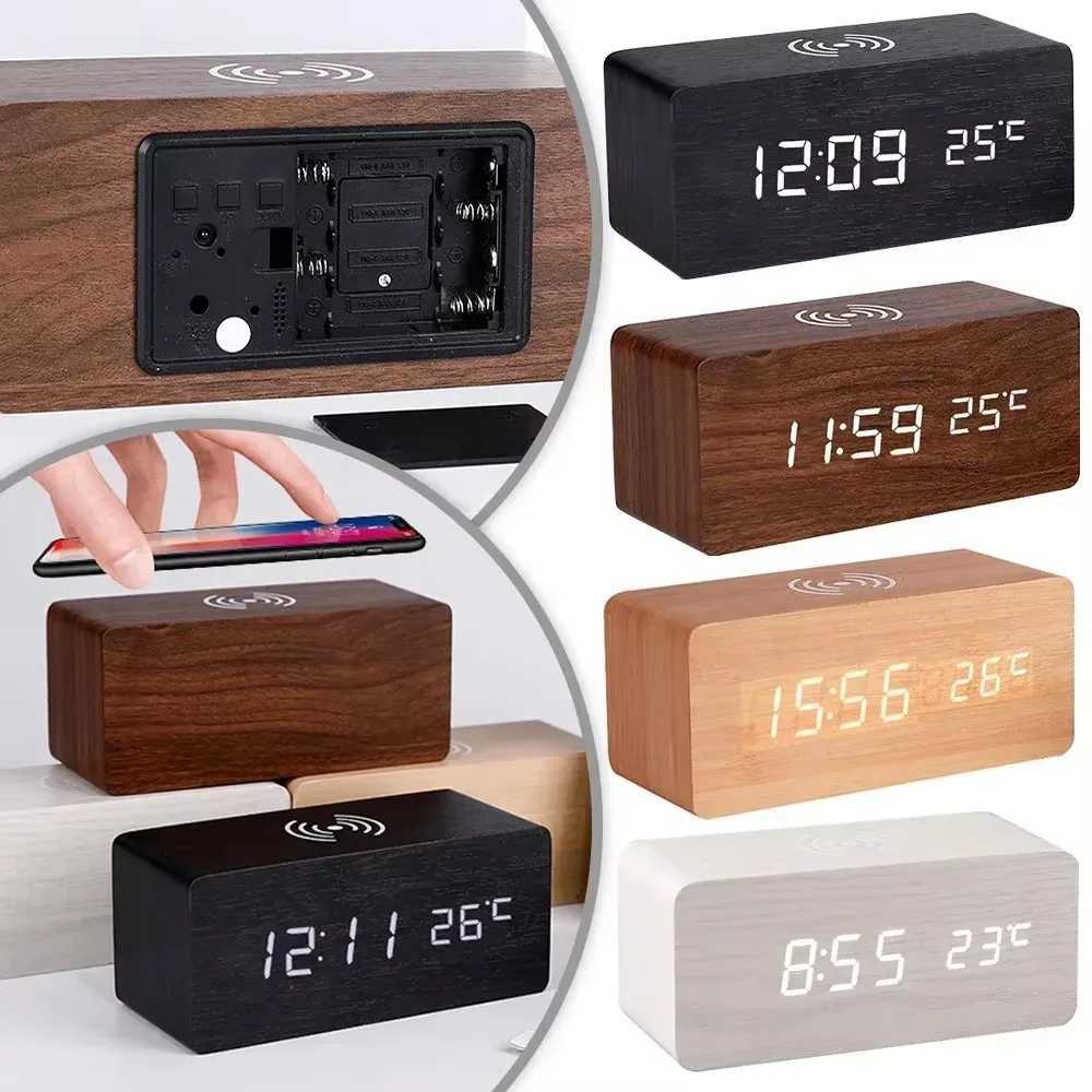Alarm Clock LED Digital Wooden USB/AAA Powered Table Watch with Temperature Wireless Charging Electronic Desk Clocks D260318