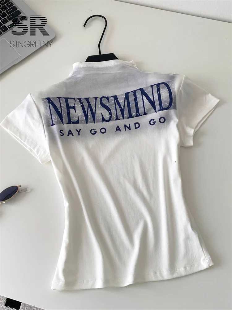 SINGREINY American Retro Basics T-Shirt 2025 Stand Collar Short Sleeves Soft Bottoming Shirt Fashion Hot Girl Letter Print TopT260317