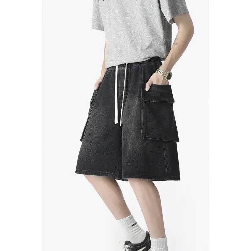 Mens Washed Denim Cargo Shorts Elastic Waistband Side Large Pockets Casual Summer Fashion Comfort Utility Workwear Street Style M260318