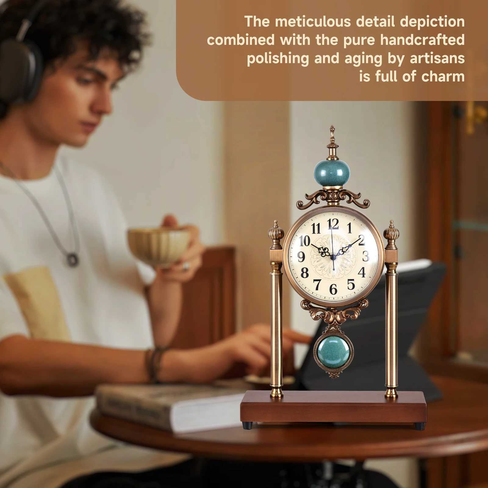 Vintage Fireplace Mantel Clock Silent Retro Desk Clock for Living Room Walnut Base with Metal Surface Antique Shelf Pendulum D260318