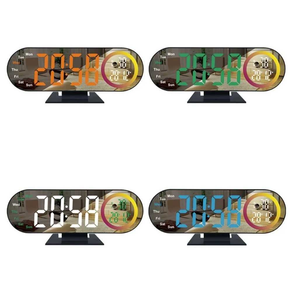 Brightness Adjustment Digital Alarm Clock Voice Control 12/24H Format LED Mirror Clock 2 Alarms with RGB Mood Light D260318