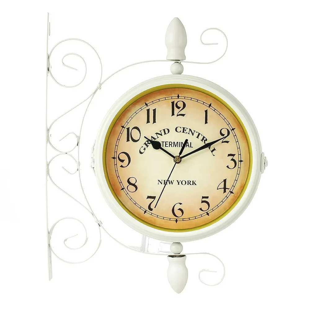 Double Sided Train Station Waterproof Wall Clock White for Garden Retro Wrought Metal Wall Clock Silent Indoor Outdoor Decor D260318
