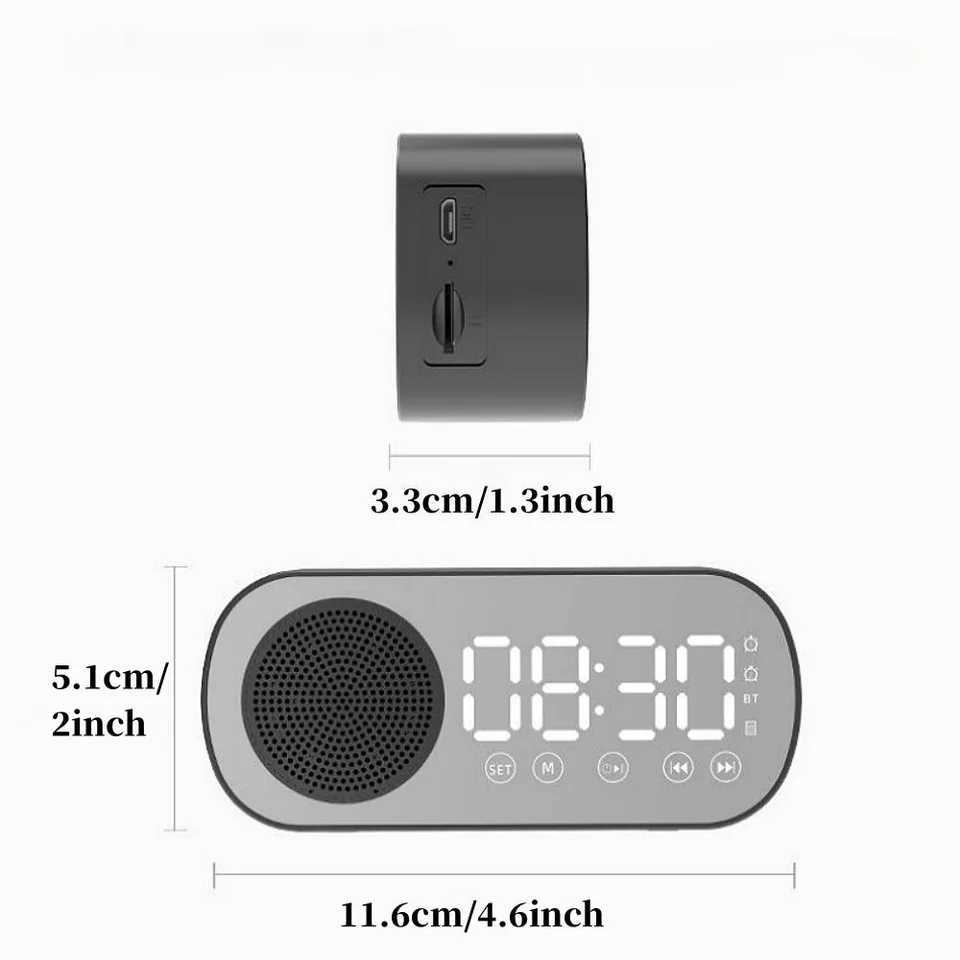 Mini Mirror Digital Alarm Clock Timer Rechargable Wireless Clock 2 Alarms FM Radio Wireless Speaker Subwoofer Desktop LED Clock D260318