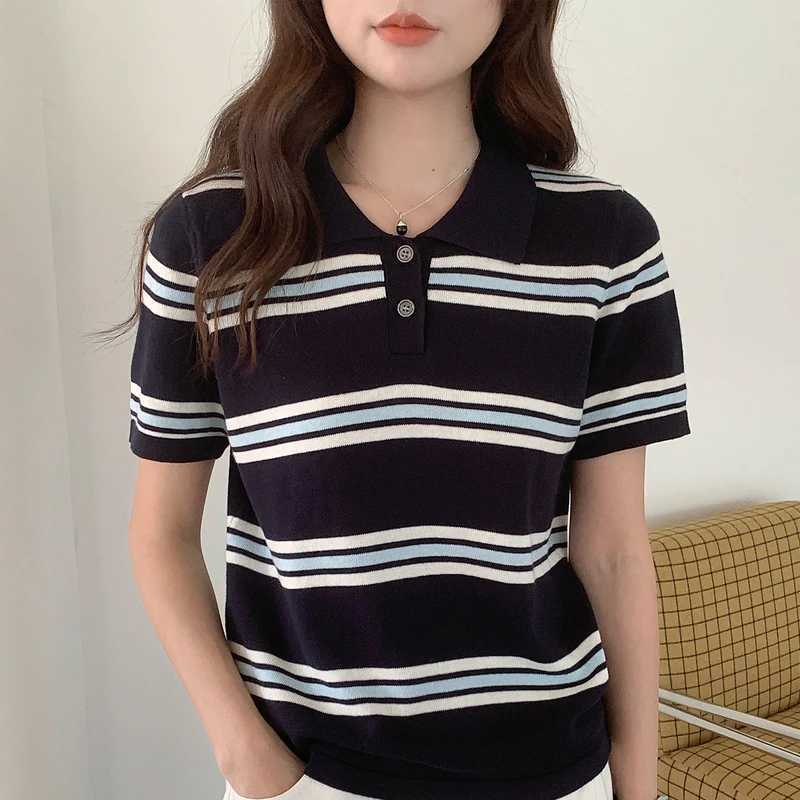 Polo collar knitted shirt short sleeved womens summer front shoulder loose slimming T-shirt Korean casual versatile topT260317