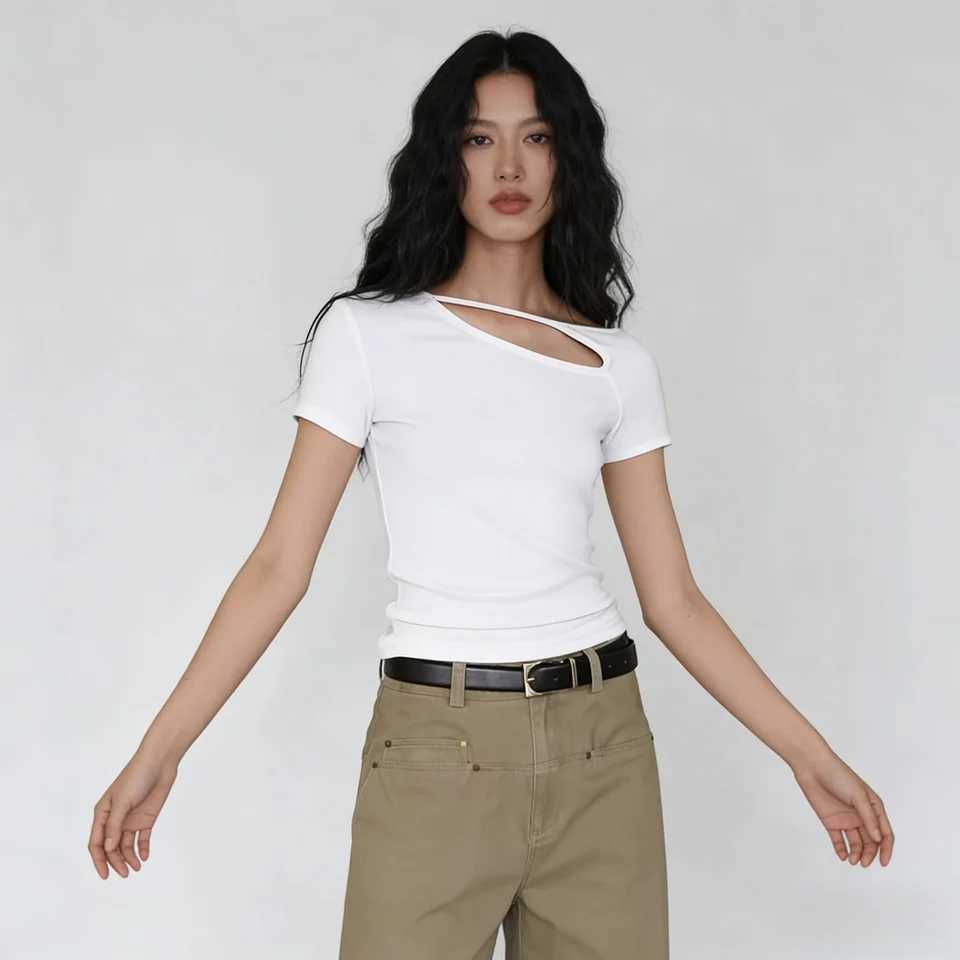 Womens Openwork Short-Sleeved Straight-Shoulder T-Shirt Stylish Summer Slimming Base Layer T-Shirt Womens TopT260317