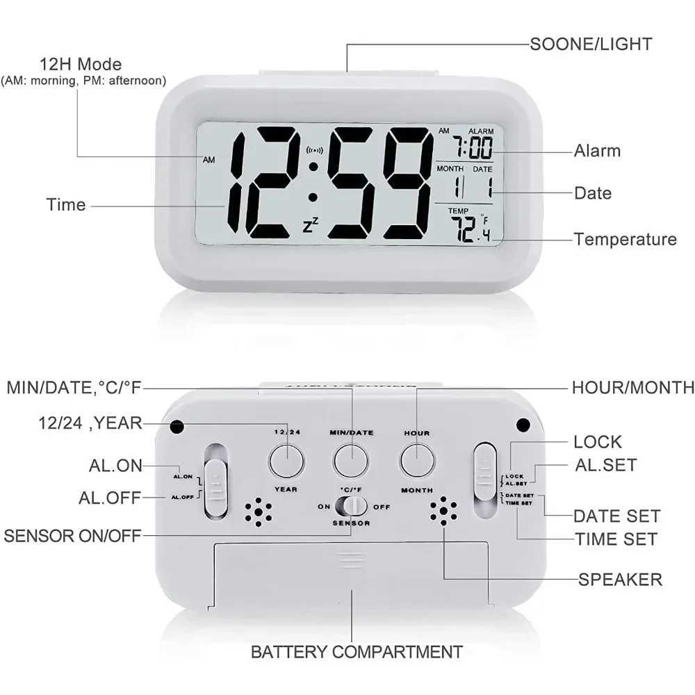 Digital LED Alarm Clock Electronic Digital Alarm Backlight Snooze Calendar Clock Screen Desktop Table Clocks for Home Office D260318