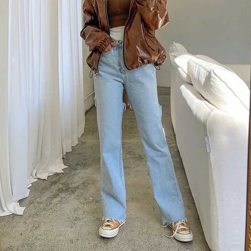 DRC Female Fashion All-match Denim Trousers Spring 2024 New Simple Casual All-match Slim Hot Girl Ripped JeansT260317