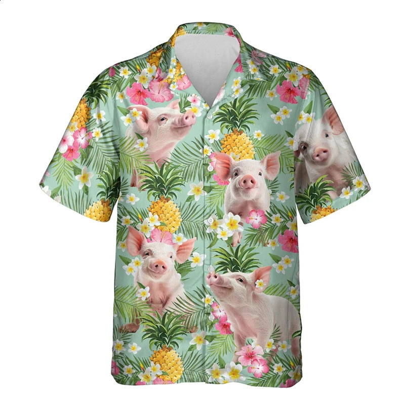 Funny Animal Pig 3D Printed Beach Shirt Cute Pet Graphic Shirts For Men Clothes Casual Hawaiian Surfing Short Sleeve Boy Blouses 260318