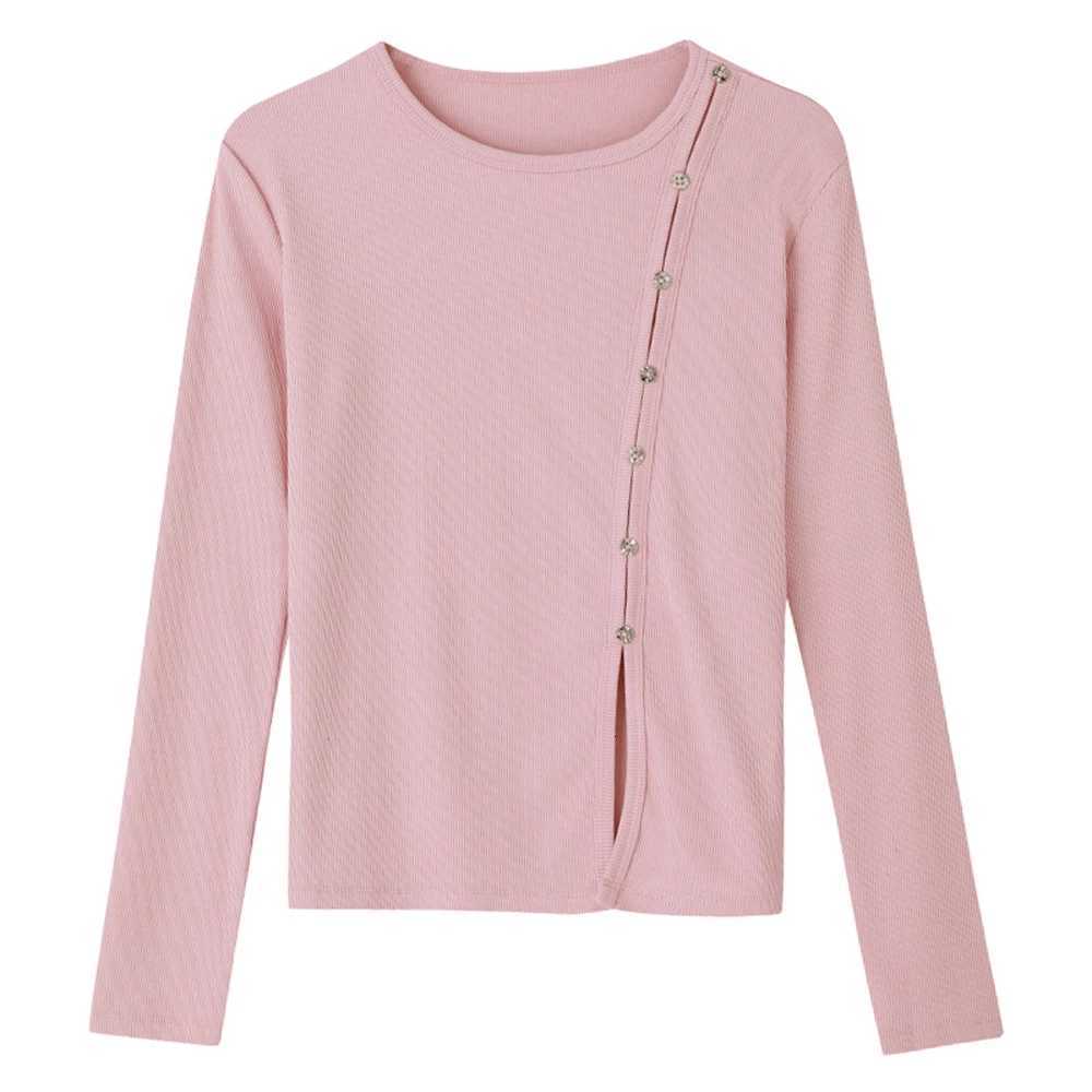 Korean style pink long sleeved T-shirt for womens autumn new high-quality cotton fashion plus size irregular casual topT260317