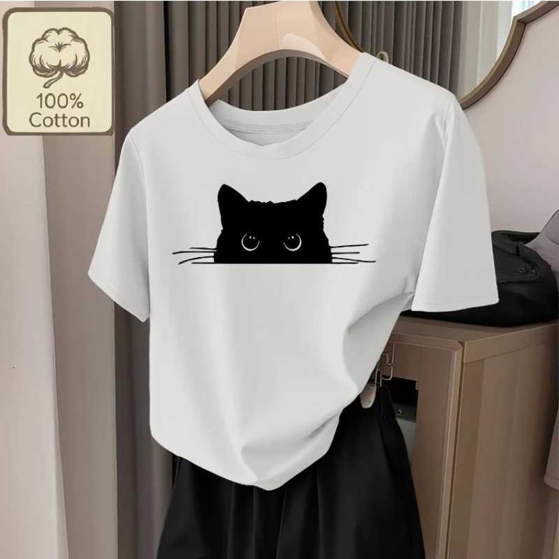 Black Cat Peeping Printed WomenCasual Round Neck Short Sleeved Cat Printed Pure Cotton T-shirt Fashionable and Comfortable ShirtT260317
