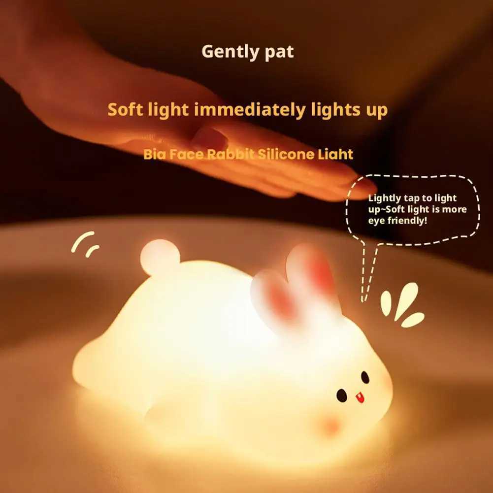 Cute Big Face Rabbit Silicone Night Light - Touch Sensor LED Lamp With Timer-Rechargeable Tap Control LED Lamp For Kids Bedroom H260318